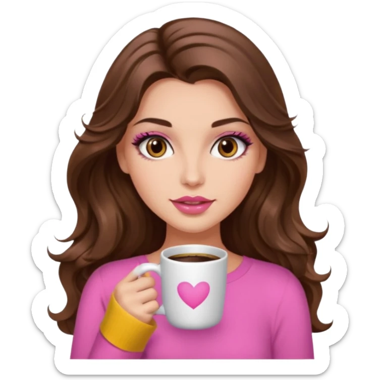 girl with long wavy brown hair, brown eyes, long lashes, makeup ,sexy pink lips, light to medium complexion, pink sexy top, with a coffee mug sticker