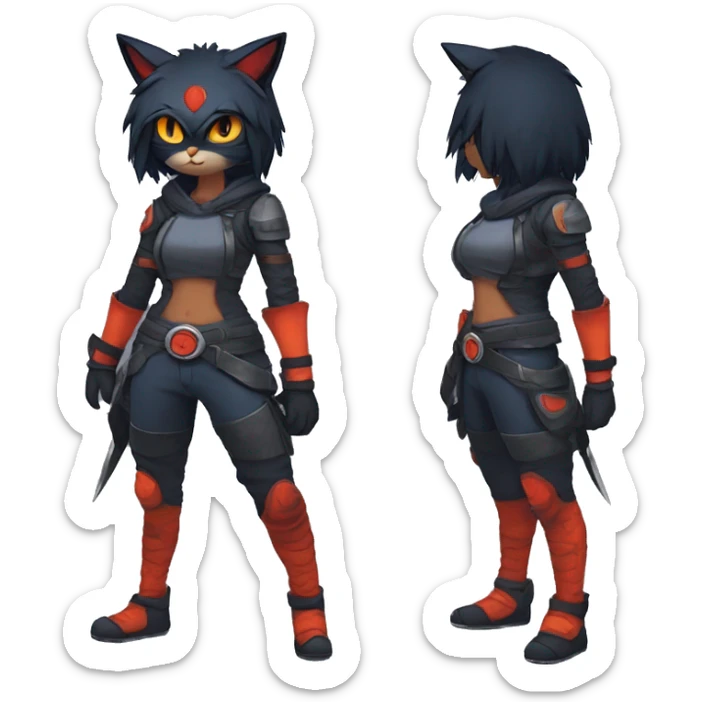 Edgy Shy Anthro Warrior cool pretty dark Litten-Pokémon-cat-fursona-animal techwear sticker