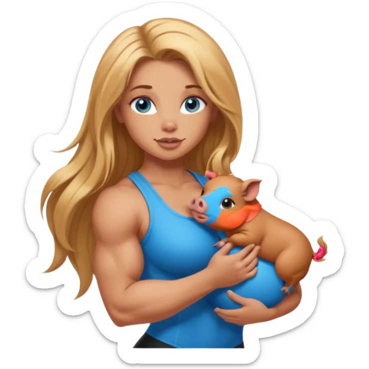 muscled sexy girl, big butt, holding cute brown minipig, long golden hair, blue eyes sticker