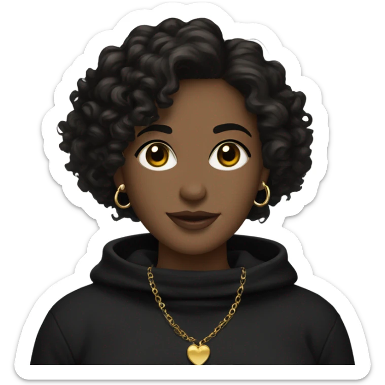 A bitmoji of a female who has black wavy curly  hair and dark brown eyes almost black, she’s wearing a black Cotton sweater with two gold pendants one in the form of a heart sticker