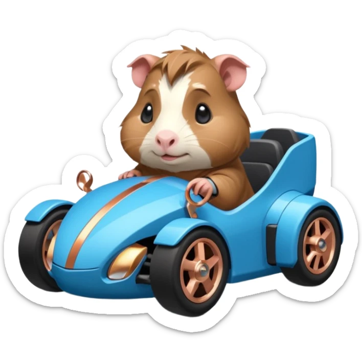 dark crystal blue and rosegold-accented faceted-body electric racing car driven by a small cute but fearless baby Guinea pig with rear spoiler, roll bar, and wheely bar sticker