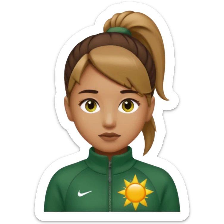 ​"A high-resolution mosaic of a girl with determined eyes and a high brown ponytail, meticulously crafted from thousands of tiny emojis."
​"The art captures her forest-green tracksuit and a sun-drenched, blurred background using creative emoji shading." sticker