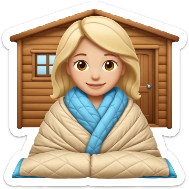 Create an iOS‑style emoji of a girl wrapped in a thick quilted blanket, smiling calmingly with a relaxed, cozy cabin vibe and soft lighting. sticker