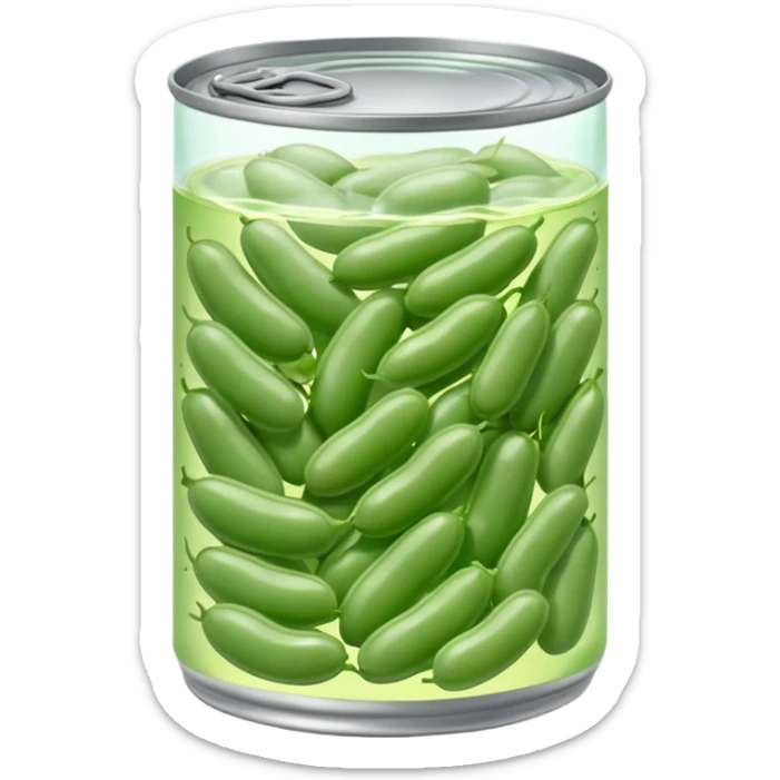 open metal can with pale green oval beans in clear liquid, no label or extras, soft lighting, subtle shadows, emoji scale sticker