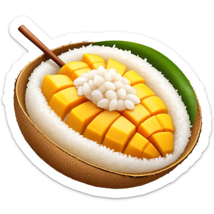 cinematic-realistic-mango-sticky-rice-dessert-emoji,-showcasing-sweet-sticky-rice-paired-with-ripe-mango-slices-and-coconut-milk-rendered-with-lifelike-detail-and-warm,-inviting-lighting sticker