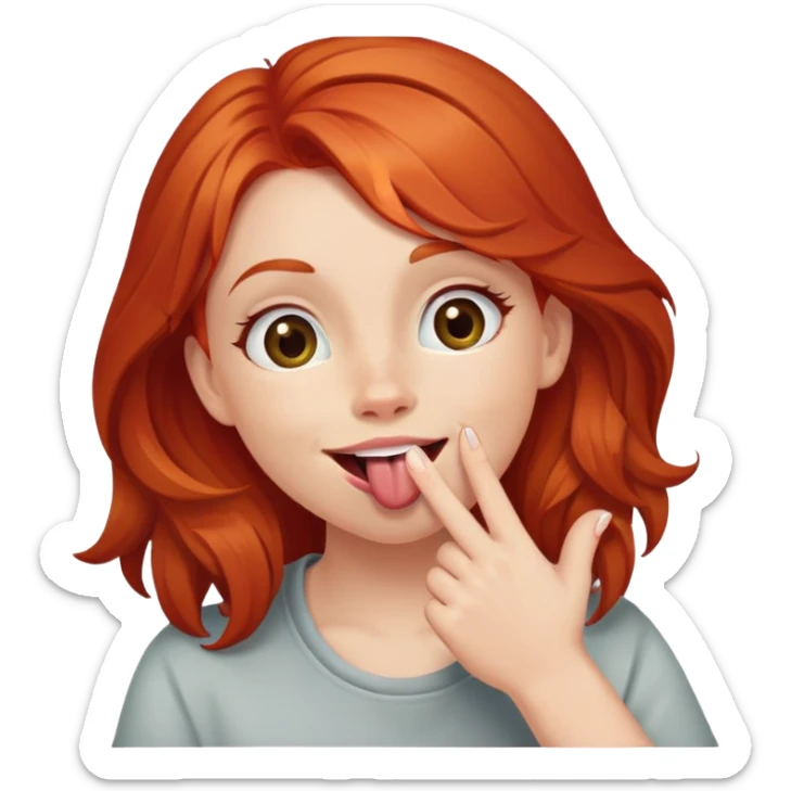The redheaded girl smiles with her tongue out and holds her hand near her mouth with a gesture that rocks sticker