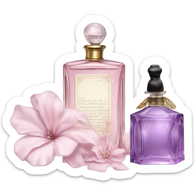 Aesthetic showcase of light pink stock flowers, a vintage-inspired violet perfume bottle, an emotional love note, and a purple silk bookmark. sticker