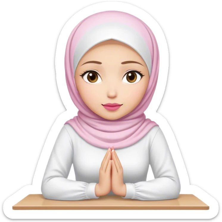 white hijab women are listening with her hands folded on the table. Her outfit is white. Her lips color is pink. sticker
