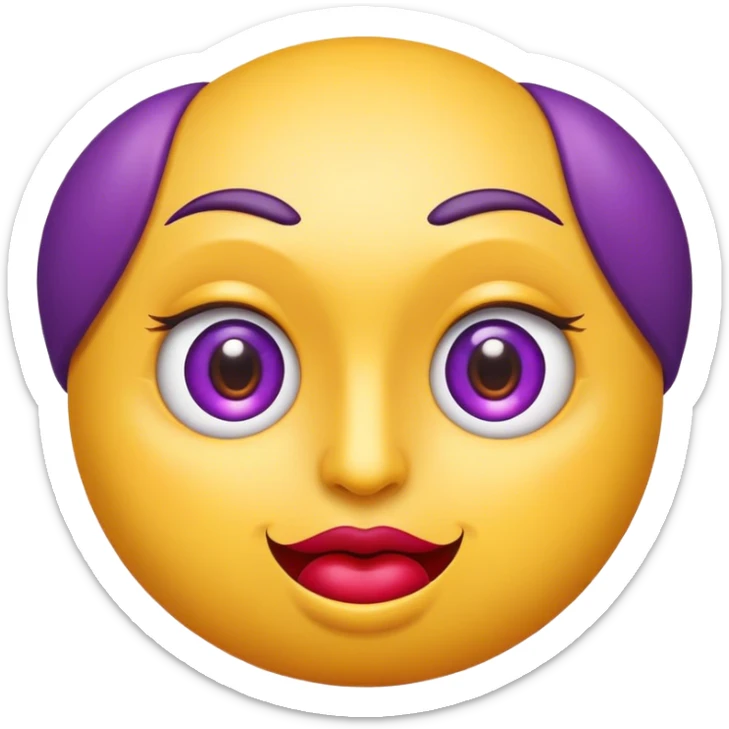 Une tête d'emoji ronde et jaune avec des grands yeux très maquillés avec du fard à paupiere violet et une bouche pulpeuse rouge sticker
