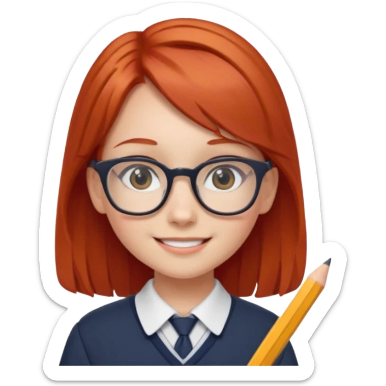 red hair girl kid with glasses → holding a pencil with school uniform sticker