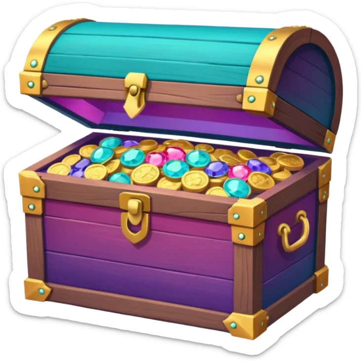 wooden treasure chest filled with coins pack in gradient of turquoise, blue, pink, purple, and coral color and jewels sticker