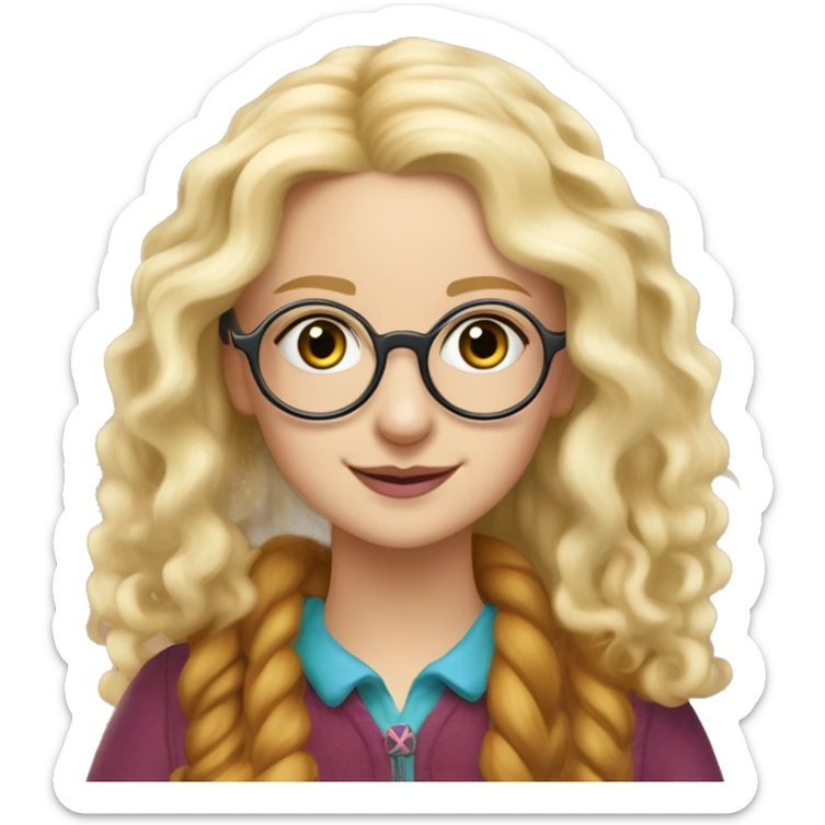 Generate Luna Lovegood a witch with long, wavy blonde hair. wearing round, radish-shaped glasses and a quirky outfit with a mixture of colors. Add a Luna Lovegood-inspired accessory like a butterbeer cork necklace,  sticker