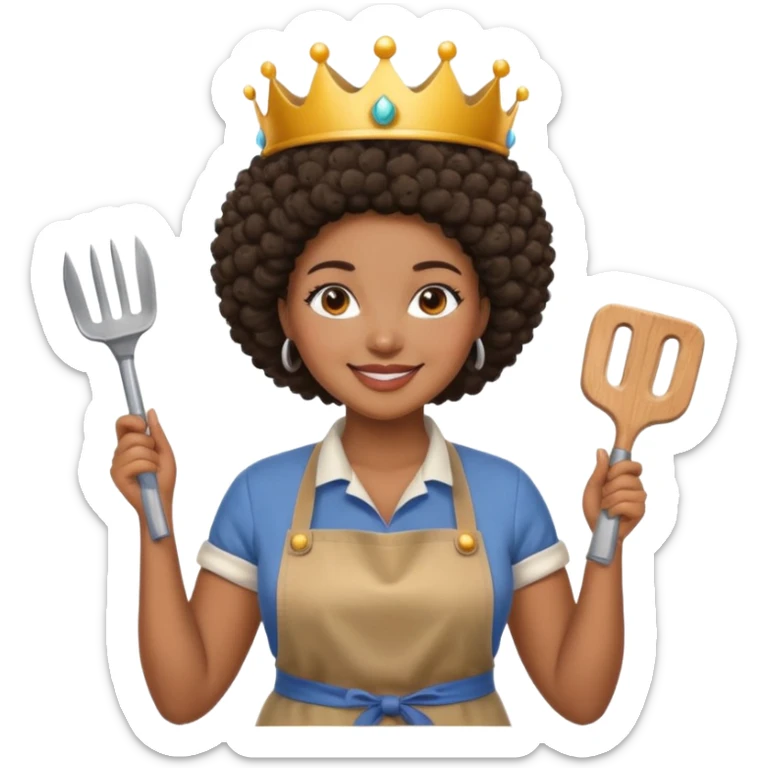 Mujer curvy afro, con vestimenta cómoda y delantal,con una corona sobre su cabeza y sonrisa contagiosa. En la mano herramientas de trabajo pesado sticker