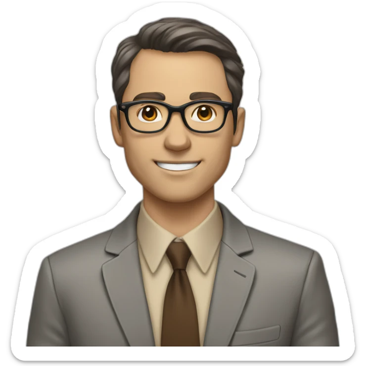 in front of a marker board Pale skinned fit man with dark brown hair in gray jacket, beige office shirt, brown tie, brown pants and vintage glasses. sticker