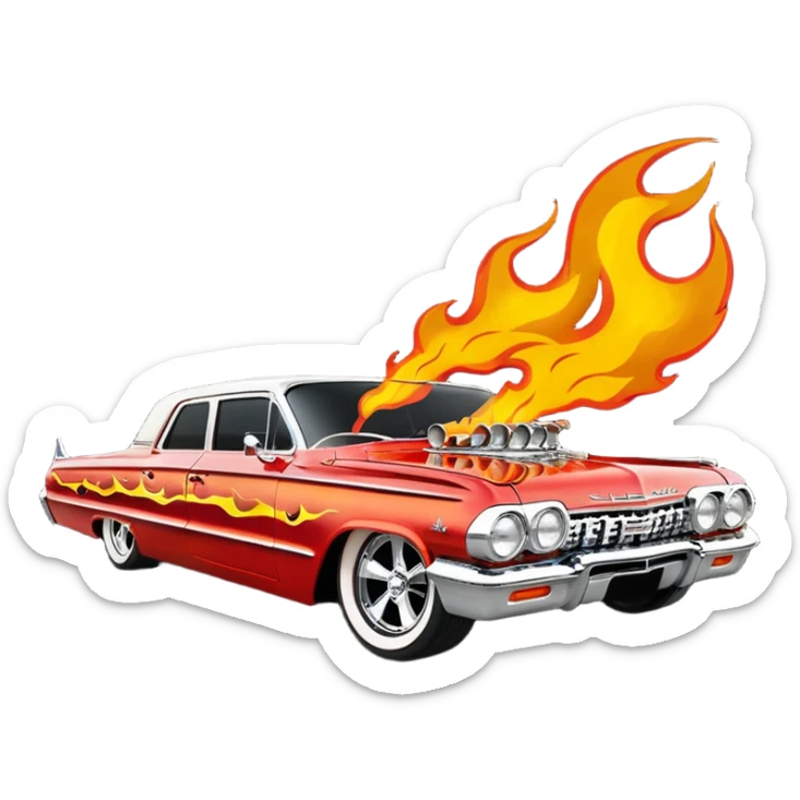 Satan’s streamlined Hot rod custom 1964 impala low rider four door themed painted hood flaming side-mounted under-door chrome exhaust pipes driving straight to hell  sticker
