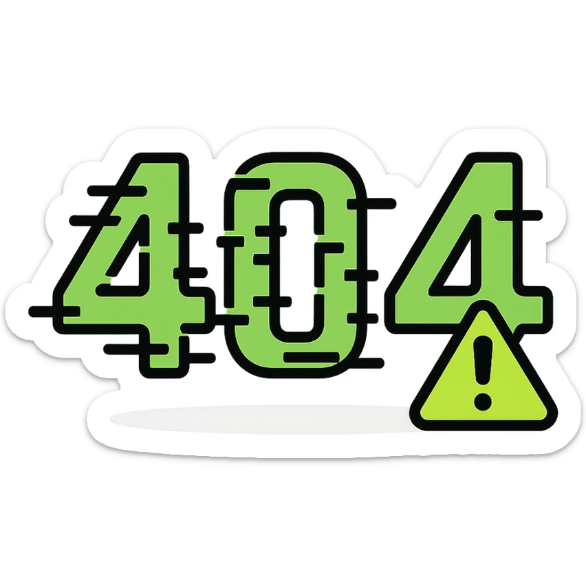 Edit the 404 icon in neon green and black in color outline icon style. Add a glitch effect. Add a warning triangle. Make the numbers more glitchy. Add a shadow effect. sticker