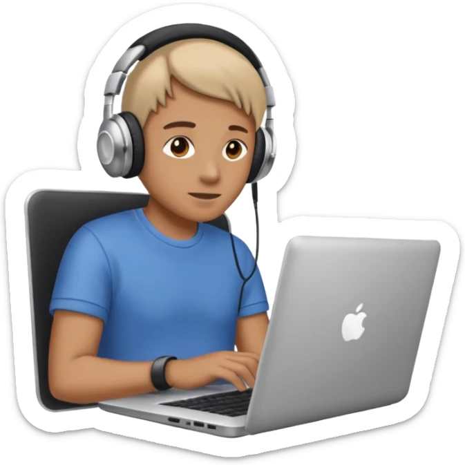 laptop ile çalışan kulaklık tana biri, bilgisayar logosuz olsun sticker