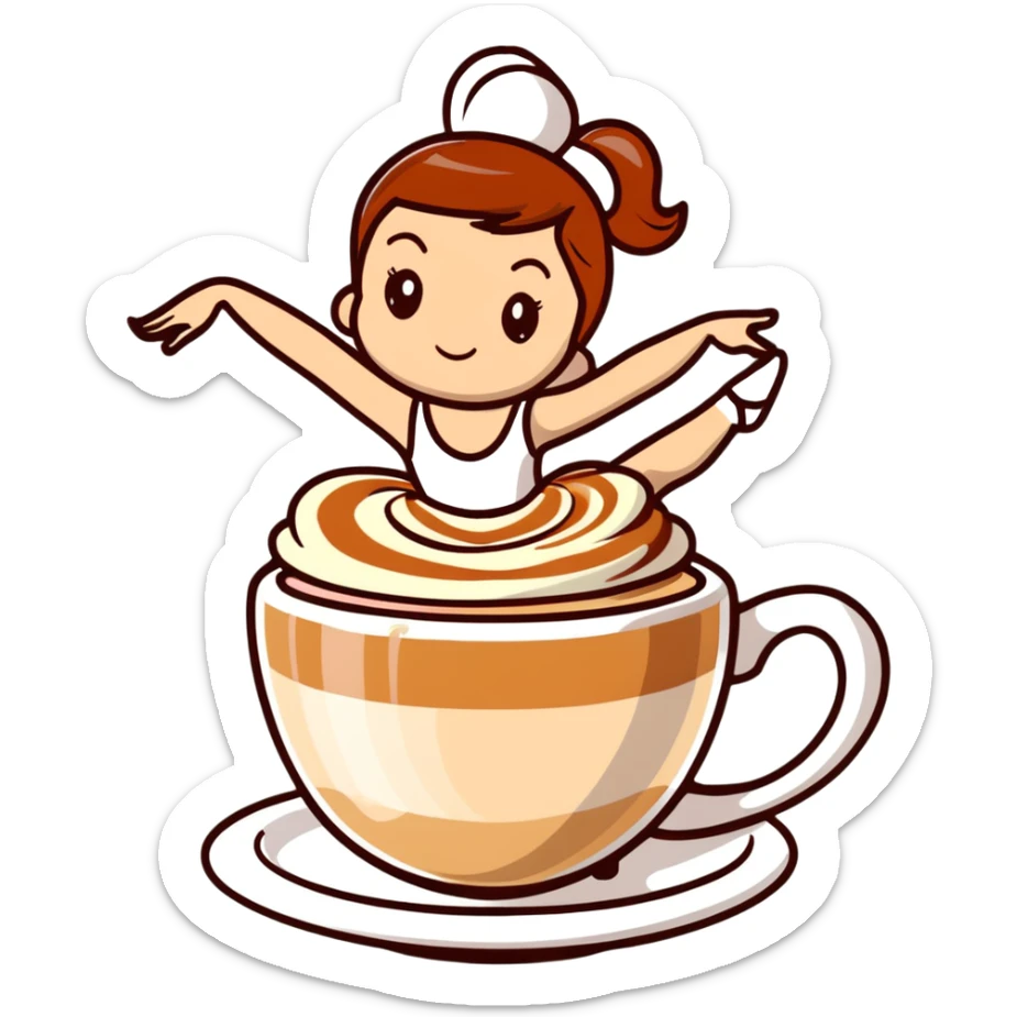 Cute ballerina dancing on top of a cappuccino cup, with cream and cinnamon swirls sticker