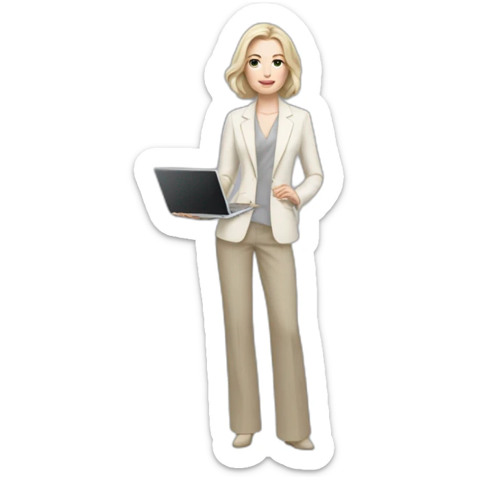 pale skin woman with ash blonde Straightened bob Hair, White Spacious classical jacket, beige palazzo Arrow pants and gray blouse holding a MacBook in the hands sticker