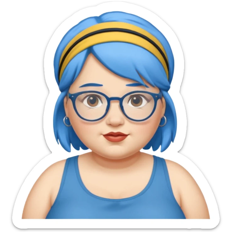 fat woman with blue hair and glassess and headband sticker