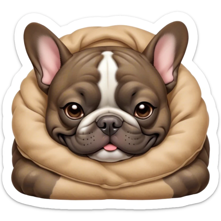 Cinematic Meme-Worthy Chubby Sleeping Brindle French Bulldog Portrait Emoji, Head resting peacefully with a contented smile, showcasing a delightfully chubby build and a luxuriously soft brindle coat with subtle fawn highlights, eyes shut in a serene nap, Simplified yet hilariously adorable features, highly detailed, glowing with a soft, drowsy light, high shine, relaxed and utterly lovable, stylized with an air of playful laziness, bright and heartwarming, soft glowing outline, capturing the essence of a comically sleepy companion, so meme-worthy it feels like it could instantly become the next viral sensation of adorable slumber! sticker