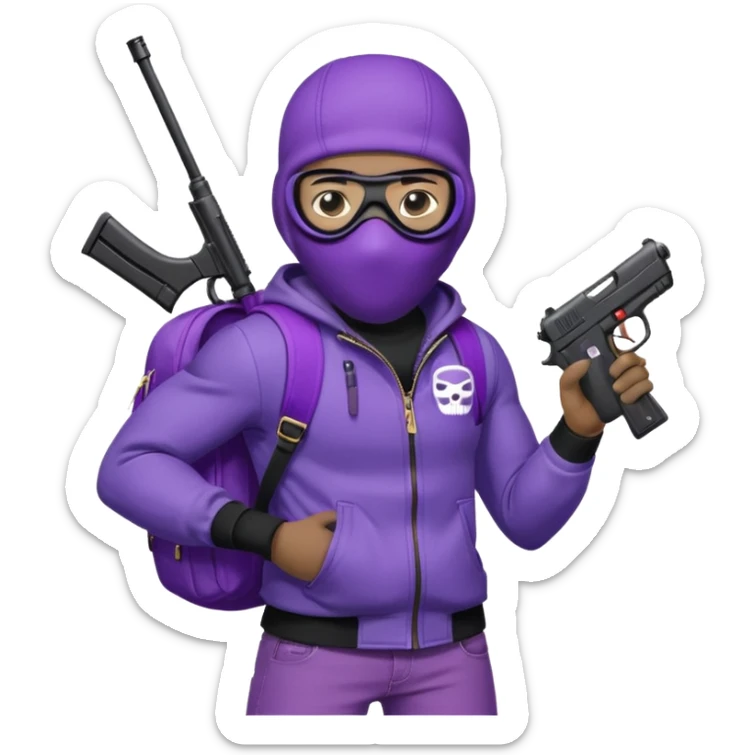 YN wearing a ski mask, holding a gun, purple jeans, Sprayground bookbag, confident stance sticker