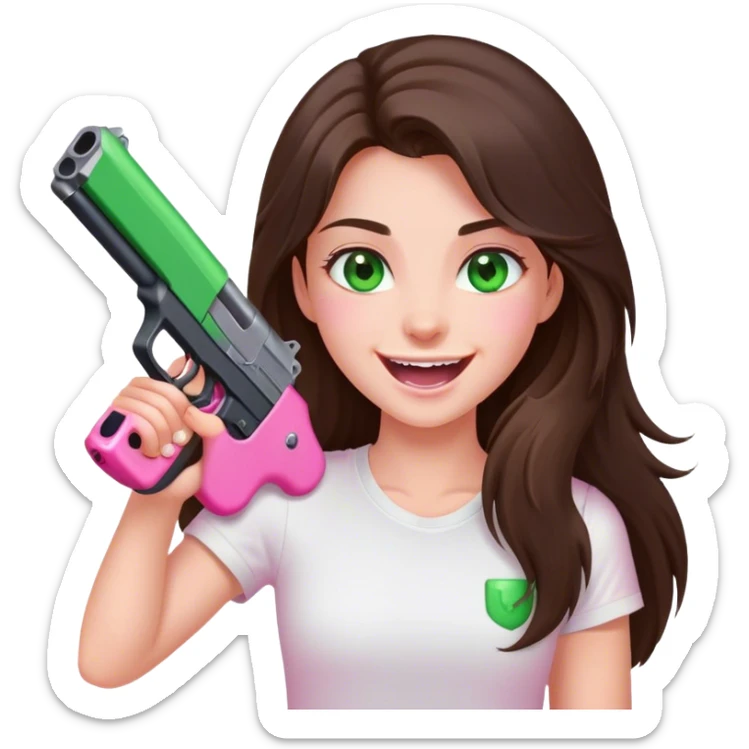 maniacally laughing long haired brunette girl with green eyes in a white tshirt holding pink gun sticker