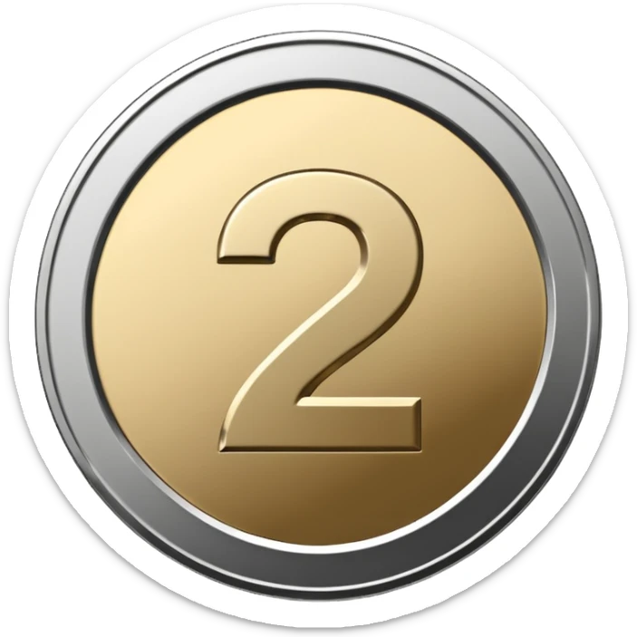 Emoji icon of a metal coin with engraved number 2, minimalist style, isolated, only metal color sticker