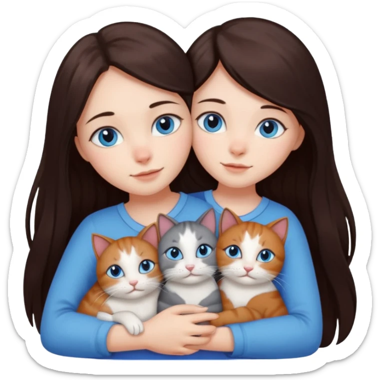 a girl with long dark 
brown hair, with blue eyes, hugs 3 different natural coloured cats sticker