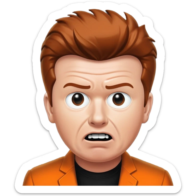 Mirrored Rick Astley with a kinda worried face, but only his front teeth are sticking out, the background is pitch black, Mirrored Rick Astley is orange as hell, except his face is dark orange, and his clothes are orange sticker
