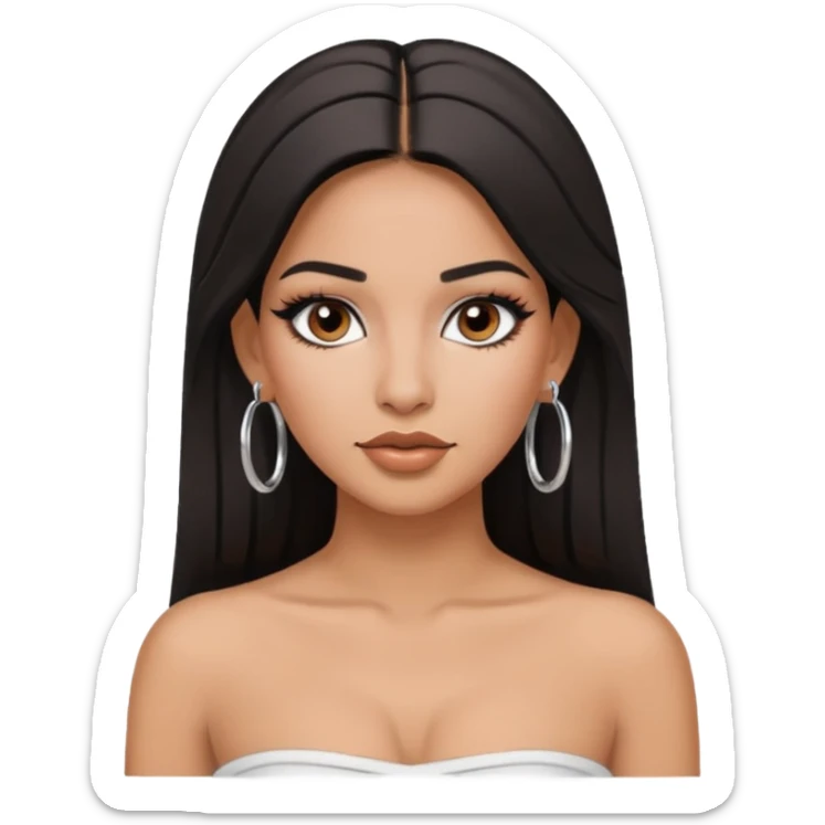 latina makeup olsun, saçları düz, halka küpeler taksın. takıların hepsi gümüş rengi olsun halka küpeler ve kolye dahil. makyajı ağır olsun ve beyaz bir Bandeau top kıyafet giyisin sticker