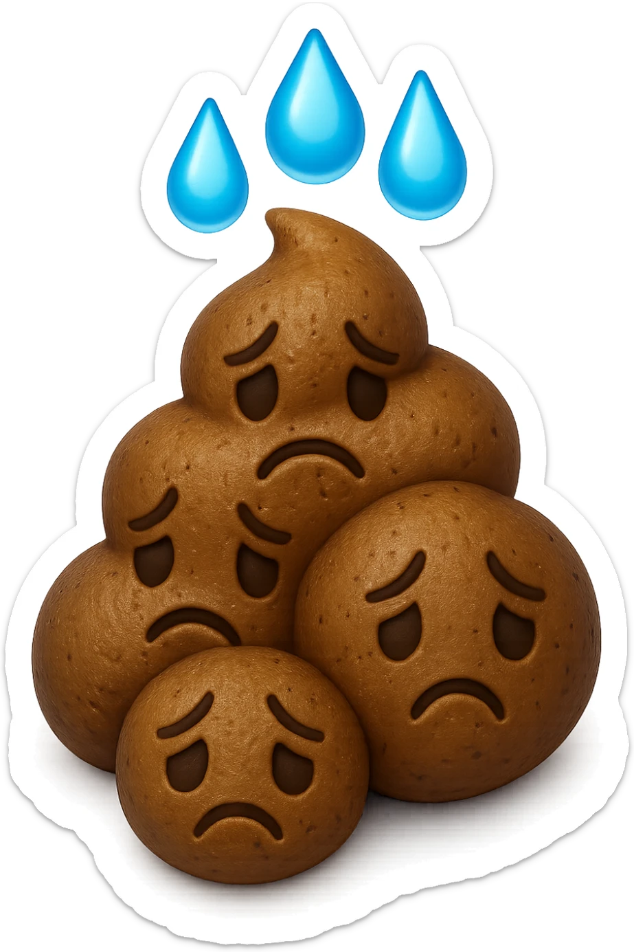 emoji stile iphone di una montagnetta di feci umane realistiche a palline tristi con sopra un simbolo delle gocce di acqua, iperrealistico 4k sticker