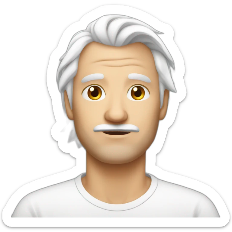 Insecure european shaved guy in his fifties with mid long white hair wearing a shirt sticker