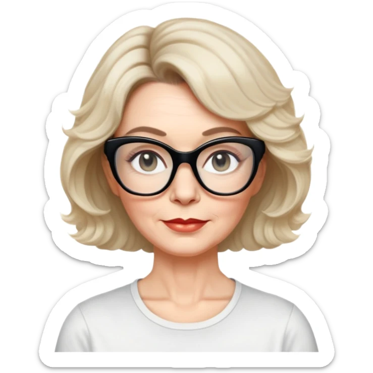 white woman about 50 years old with light warm skin, wide face, wavy black neck-length 80s short hair, low volume, neutral expression, large black shiny butterfly or cat-eye glasses, white casual t-shirt sticker