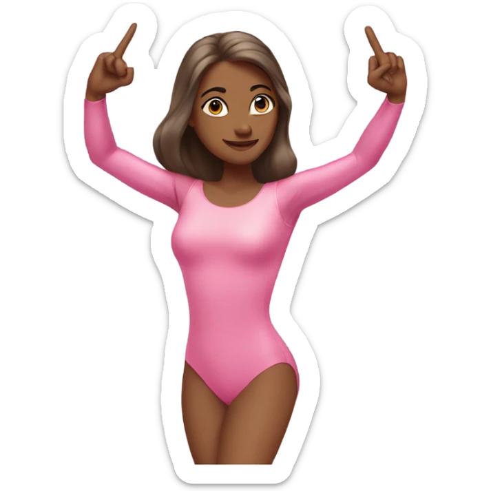 Woman with long brow hair in a pink glossy leotard doing a pease sign sticker