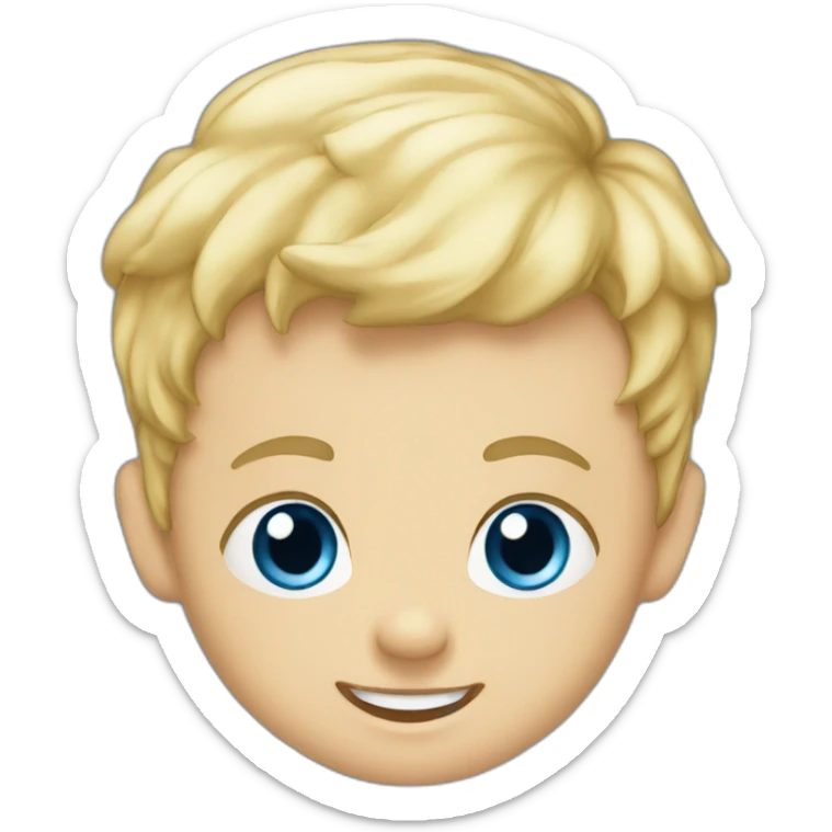 A baby boy with blonde hair, blue eyes and a blue t-shirt and with teeth sticker