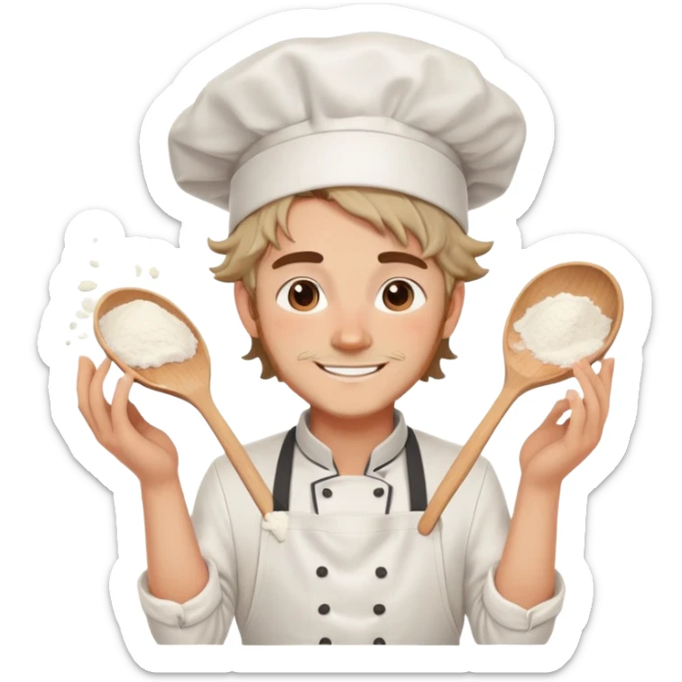 Attractive chef boyfriend with messy apron, tousled hair, playful smile. flour on cheeks, romantic sticker
