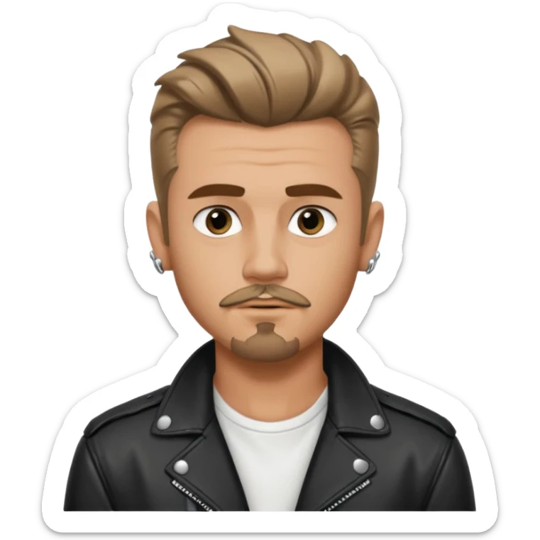 guy with slick James dean hair with front tendrils, mustache and goatee facial hair, wearing a white shirt and a black leather jacket , several silver piercings in ear sticker