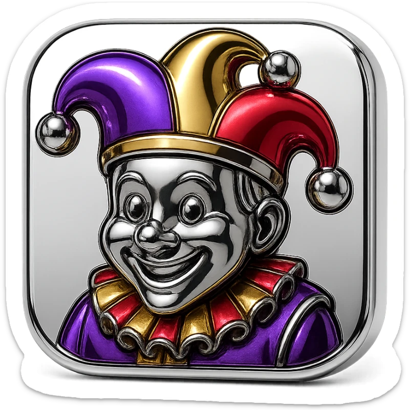 crazy colorful cute little cat jolly joker from poker, medieval, vintage, court jester, mac os icon, purple, gold and red color, half body. Squared shape as 3D mac os icon sticker