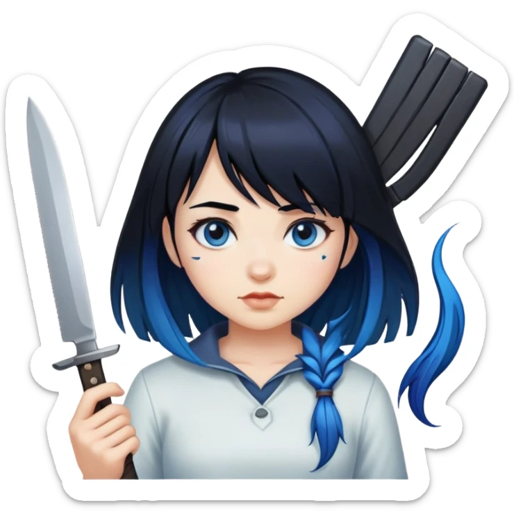 A girl with black hair and blue roots, a bang, holding a knife  sticker