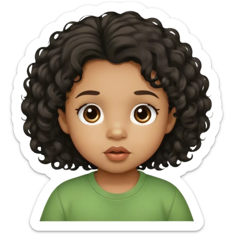light brown skin tone, very adorable toddler, with big plump lips, long long lashes, black curly hair, middle hair parting, brown eyes, green shirt sticker