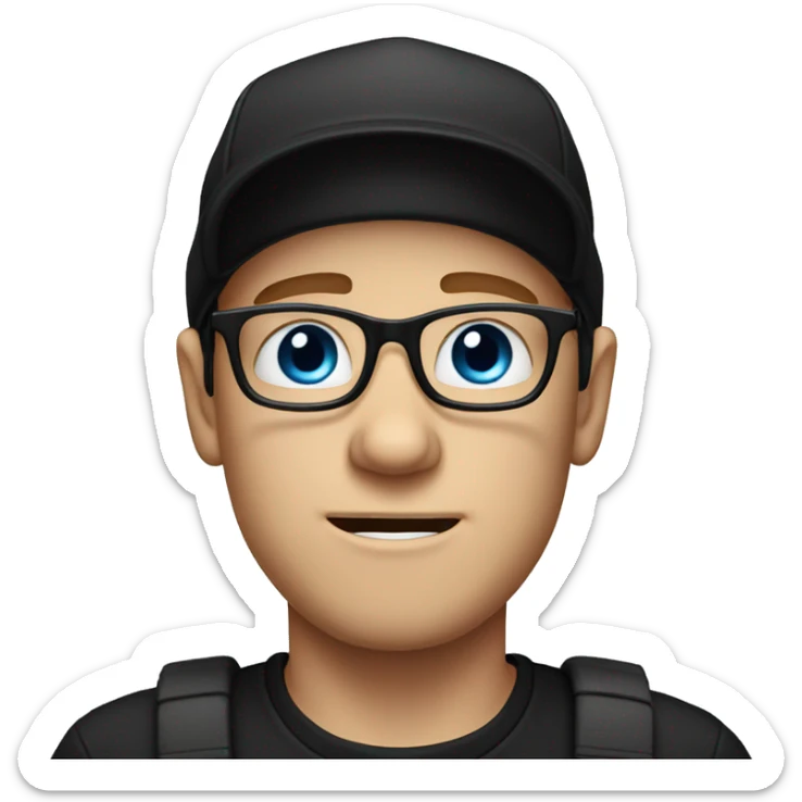 White male wearing glasses and black cap in a black t-shirt and blue eyes crying sticker