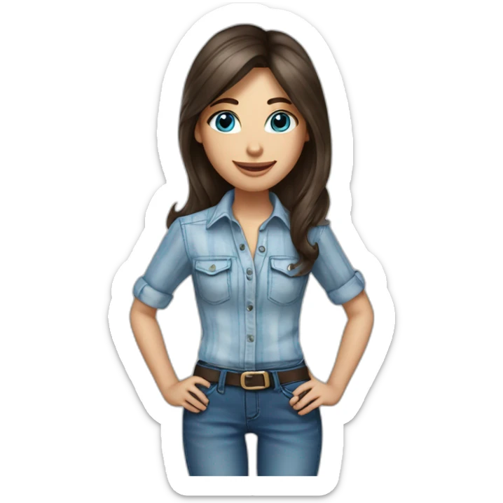 brunette girl with sky blue eyes in streaky shirt an jeans sticker