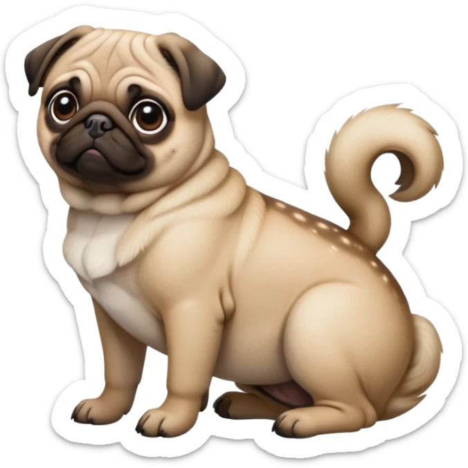 detailed-[pug]-realistic-full-body-sitting-emoji,-tail-resting-loosely-beside-its-paws,-head-tilted-dramatically, -sleek-[fawn]-fur,-simplified-yet-realistic-focused-features,-highly-detailed,-glowing-with-an-almost-sarcastic-glow sticker