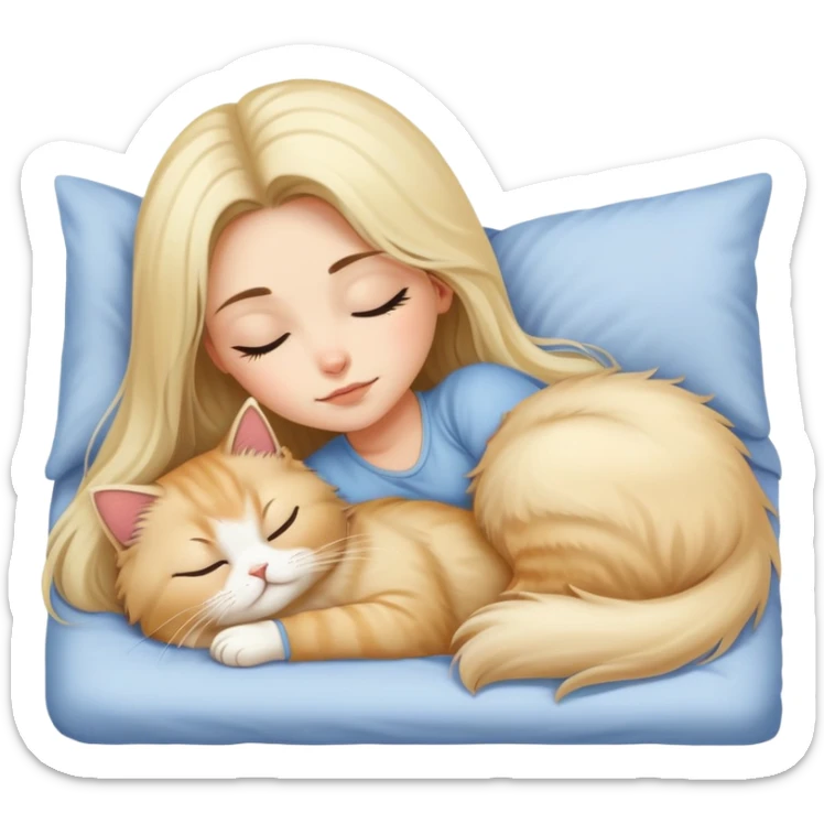 pretty girl with dark long hair sleeping with blonde fluffy  persian cat in bed sticker