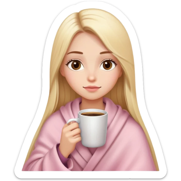 Long blonde straight hair girl drinking coffee, almond dark brown eyes, soft pink blanket sticker