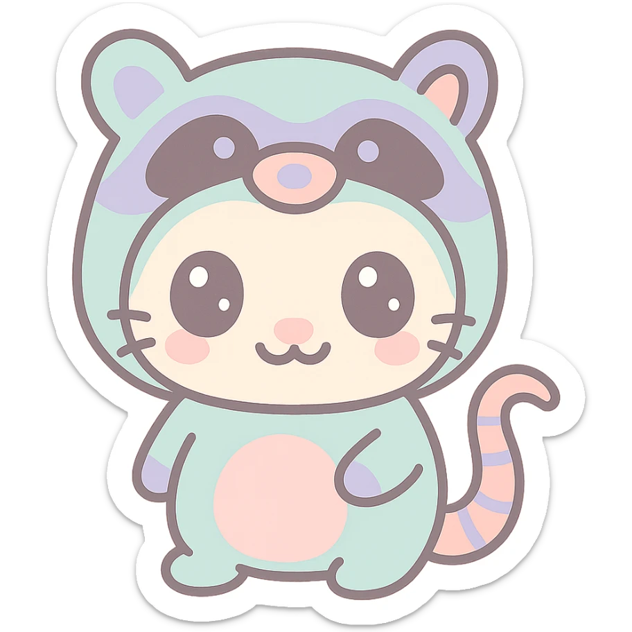 cute cartoon possum dressed up like a raccoon, kawaii style sticker