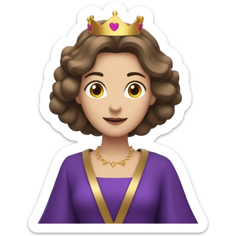 Caucasian long  brunette woman wearing formal royal purple robes and a crown with five hearts floating in the air around her head sticker