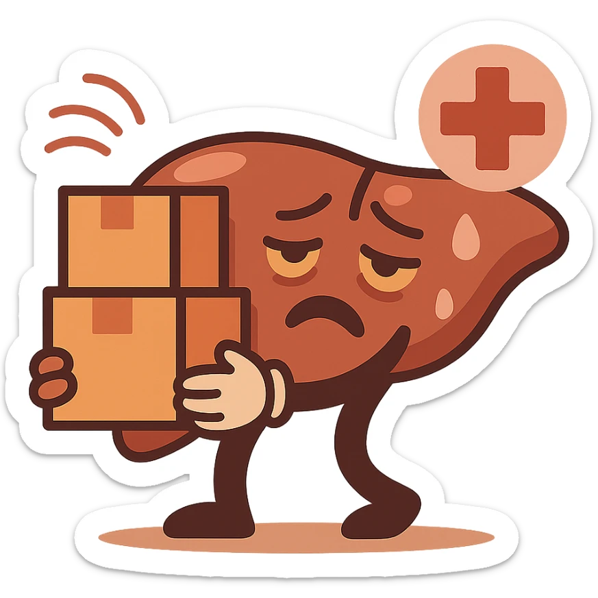 cartoon liver carrying boxes, tired face, healthcare icon, soft red and brown tones sticker