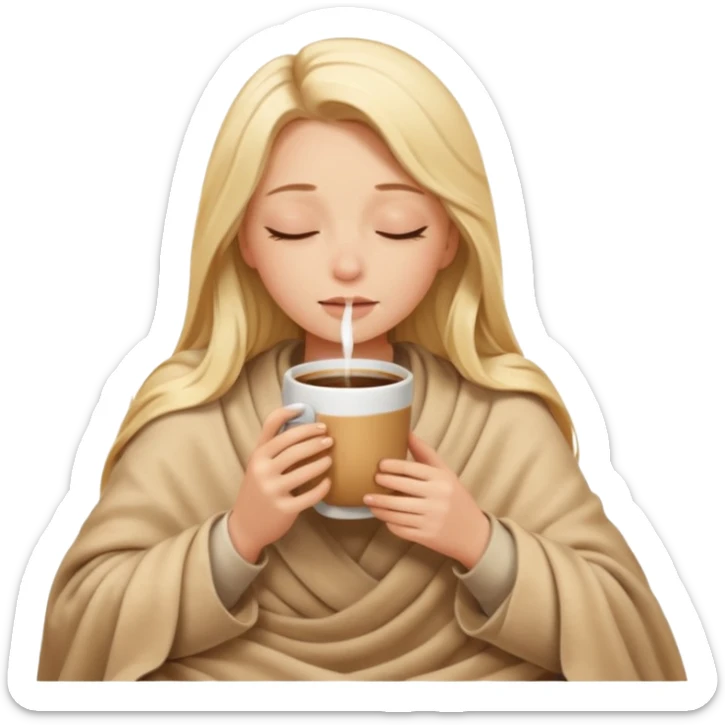 Blonde girl long hair inside a beige blanket sipping coffee eyes closed sticker